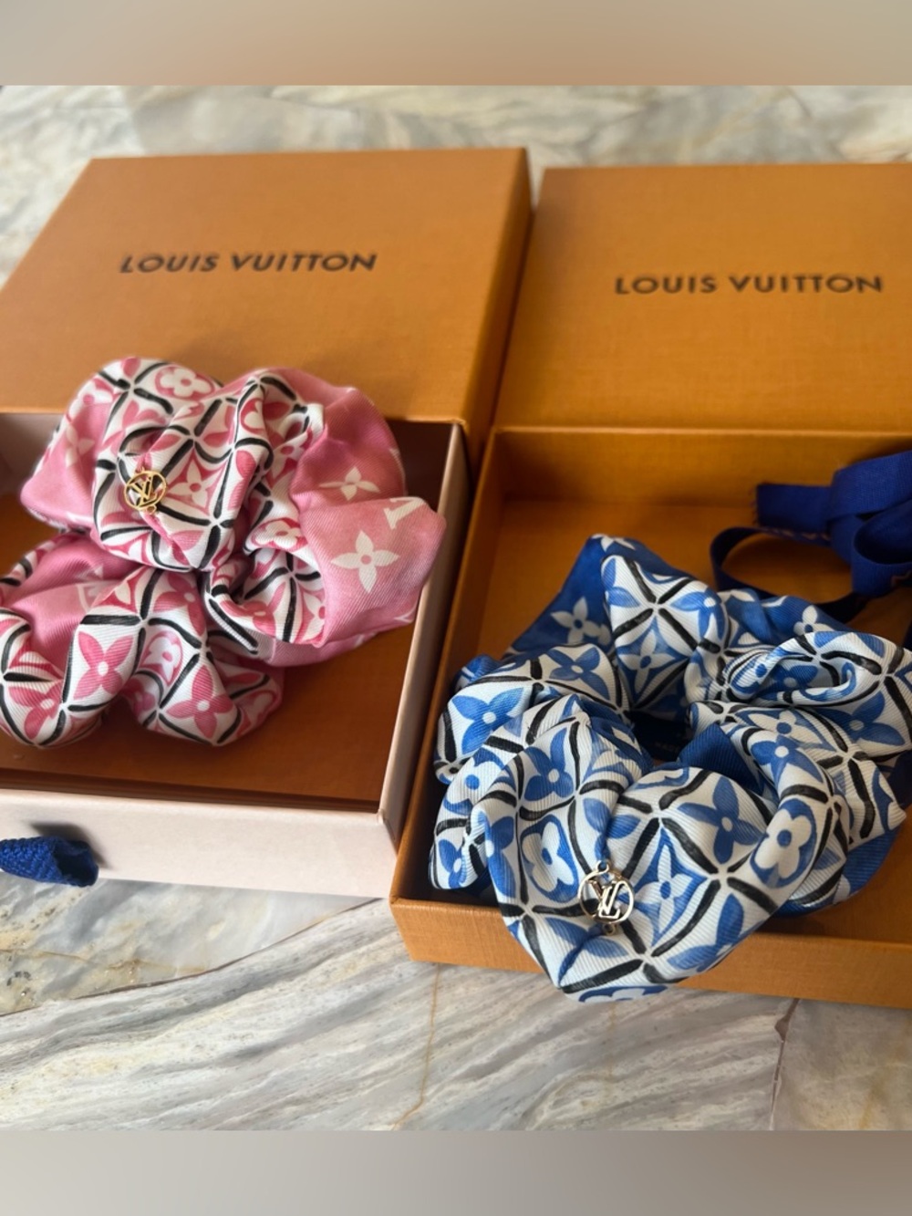 Louis Vuitton Pink & Blue Monogram Silk Scrunchie Duo (set of 2)